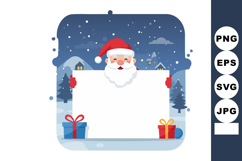 Santa Claus holding blank sign with gifts in snowy winter ni Product Image 1