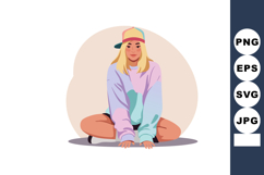 Young woman sitting cross-legged wearing colorful pastel hoo Product Image 1
