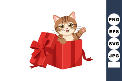 Cute brown tabby cat waving from inside red gift box with ri Product Image 1