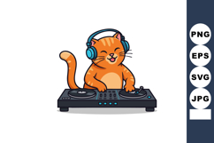 Orange cat DJ wearing headphones playing music on turntables Product Image 1