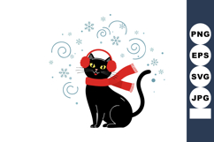 Black cat with red earmuffs and scarf sitting in snowflakes Product Image 1