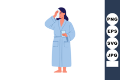 Woman in bathrobe holding glass of water and wiping forehead Product Image 1