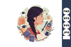 Young woman with braided hair surrounded by books and gradua Product Image 1