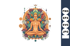 Meditating man with chakra symbols and colorful floral manda Product Image 1