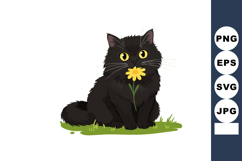 Black cat holding yellow flower sitting on grass vector illu Product Image 1