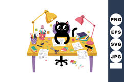 Black cat sitting on cluttered desk with office supplies and Product Image 1