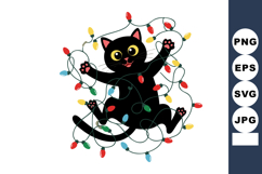 Black cat tangled in colorful Christmas lights playful festi Product Image 1