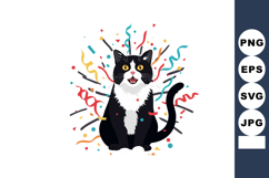 Black and white cat sitting with colorful confetti and strea Product Image 1