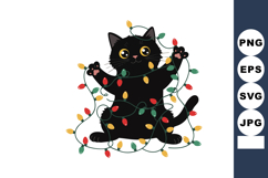 Black cat tangled in colorful Christmas lights festive holid Product Image 1