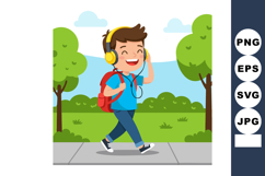 Boy walking outdoors with backpack and yellow headphones enj Product Image 1