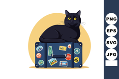 Black cat sitting on vintage suitcase with travel stickers a Product Image 1