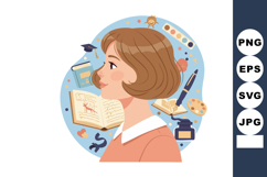 Girl studying art and literature with paint palette and book Product Image 1