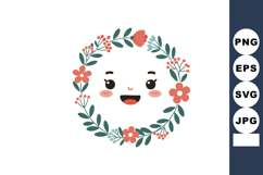 Cute smiling face surrounded by red flowers and green leaves Product Image 1