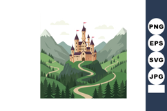 Castle on hill with winding path surrounded by pine trees an Product Image 1