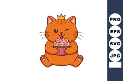 Cute orange cat wearing a crown eating a pink cupcake with s Product Image 1