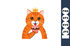 Orange Cat Wearing Crown Eating Cupcake Sweet Dessert Illust Product Image 1