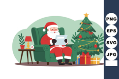 Santa Claus reading letter by Christmas tree with gifts and Product Image 1