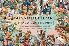 50 Funny Animal Clipart, Animal Illustration Digital Paper Product Image 1