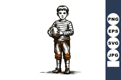 Young boy holding football standing in striped shirt and pan Product Image 1