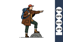 Young hiker with backpack pointing direction outdoor adventu Product Image 1
