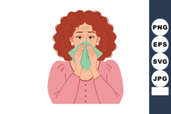 Woman with red curly hair blowing nose using green tissue il Product Image 1