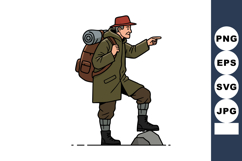 Hiker with backpack and rolled mat pointing while standing o Product Image 1