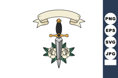 Sword with white roses and blank banner vintage style vector Product Image 1