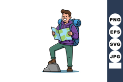 Male hiker standing on rock reading map with backpack outdoo Product Image 1