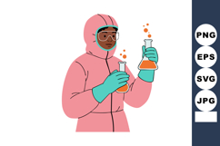 Scientist in protective suit holding chemical flasks laborat Product Image 1