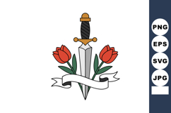 Dagger with red tulips and blank ribbon banner vector illust Product Image 1