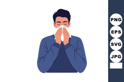 Man Sneezing with Tissue Covering Nose in Blue Sweater Vecto Product Image 1