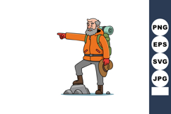 Elderly man hiking with backpack pointing direction outdoor Product Image 1