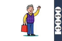 Elderly man waving hand with shopping bag in casual clothes Product Image 1