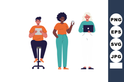 Diverse people using electronic devices in casual style tech Product Image 1