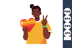 Young person holding striped heart and making peace sign in Product Image 1
