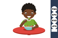 Boy eating healthy vegetable salad at red table in casual gr Product Image 1