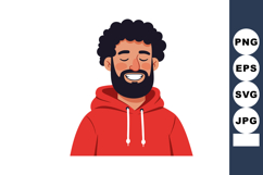 Smiling man with curly hair and beard wearing red hoodie vec Product Image 1