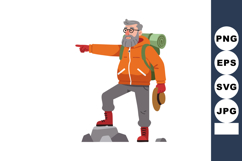 Elderly hiker with backpack pointing direction in orange jac Product Image 1