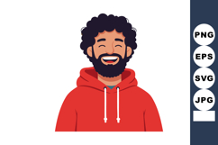 Smiling man with curly hair and beard wearing red hoodie che Product Image 1