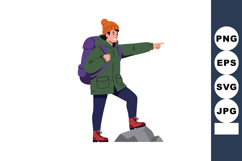Hiker with backpack pointing forward in winter outfit outdoo Product Image 1