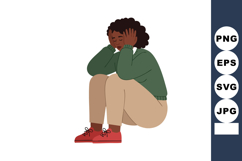 Young woman sitting crouched with hands on ears wearing gree Product Image 1
