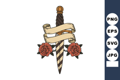 Dagger with red roses and blank scroll banner vintage tattoo Product Image 1
