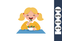 Happy little girl eating fresh vegetable salad at table chee Product Image 1