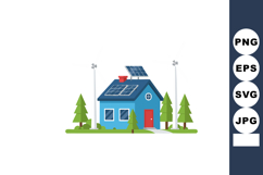 Blue House with Solar Panels and Wind Turbines Surrounded by Product Image 1