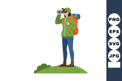 Female Hiker Using Binoculars Wearing Green Jacket and Backp Product Image 1