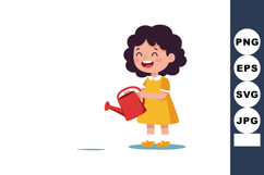 Happy girl watering plants with red watering can cheerful li Product Image 1