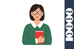 Woman holding red book wearing green sweater and glasses vec Product Image 1