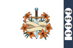 Sword with orange lilies and blank banner tattoo style vecto Product Image 1
