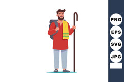 Male hiker with trekking staff and backpack wearing red shir Product Image 1