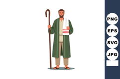 Man in traditional robe holding wooden staff and white towel Product Image 1